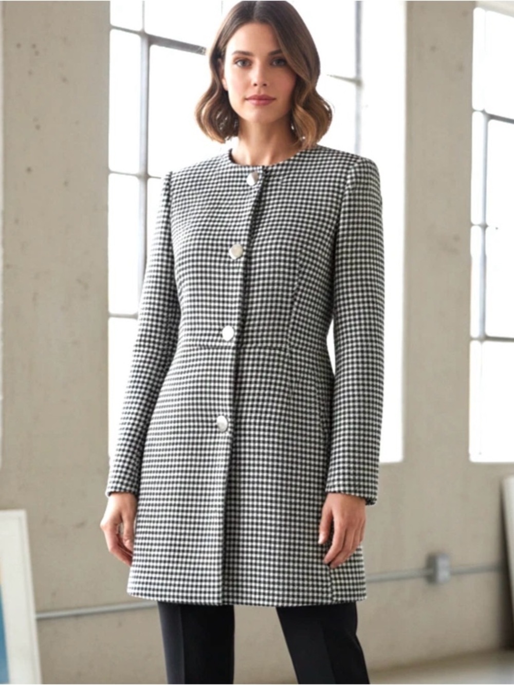 ZARA Sz XS Classic Black & White Houndstooth checkered lined Coat NEW WITH TAG